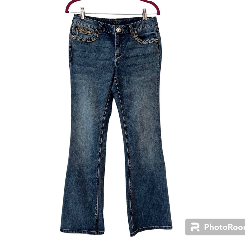 Cache Mid-Rise Animal Print Trimmed Boot Cut Jeans Size 6